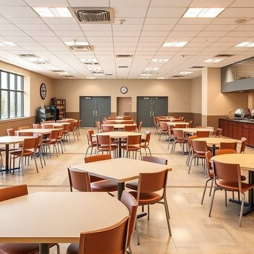 A clean and spacious dining hall at the Chicago, IL Secure Haven location with multiple tables and chairs, prepared for a meal service.