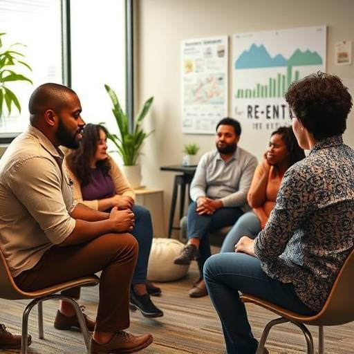 A group therapy session taking place at New Beginnings Re-Entry Center in Atlanta, GA. Residents are engaged in a discussion with a licensed therapist.