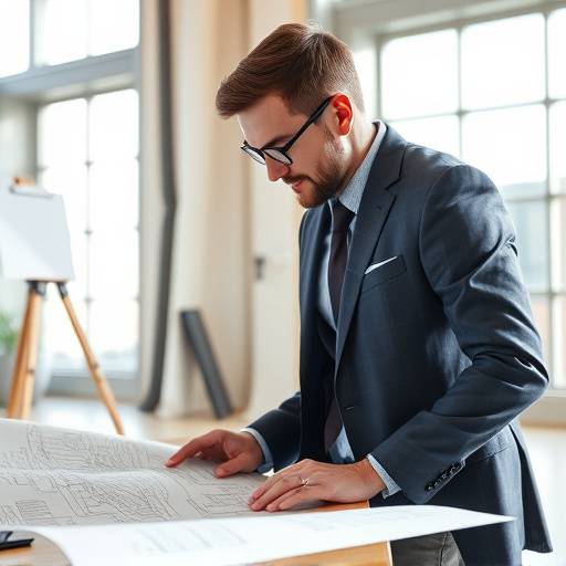 Image depicting a real estate professional scouting locations with blueprints