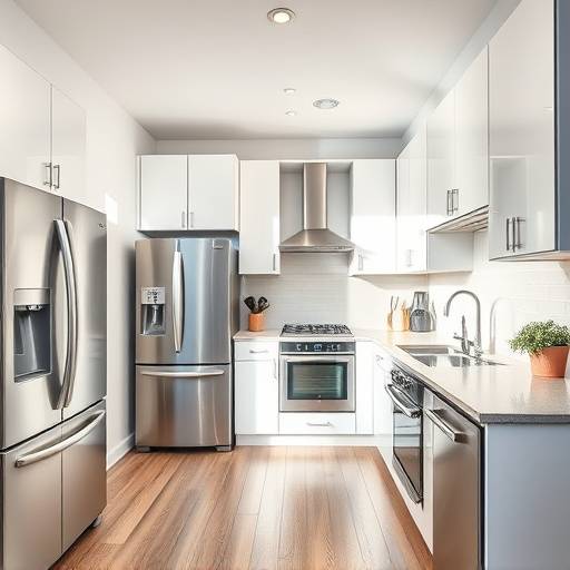 Interior of a bright and modern kitchen at Fresh Start Housing in Denver, CO. The kitchen is equipped with stainless steel appliances and ample counter space.